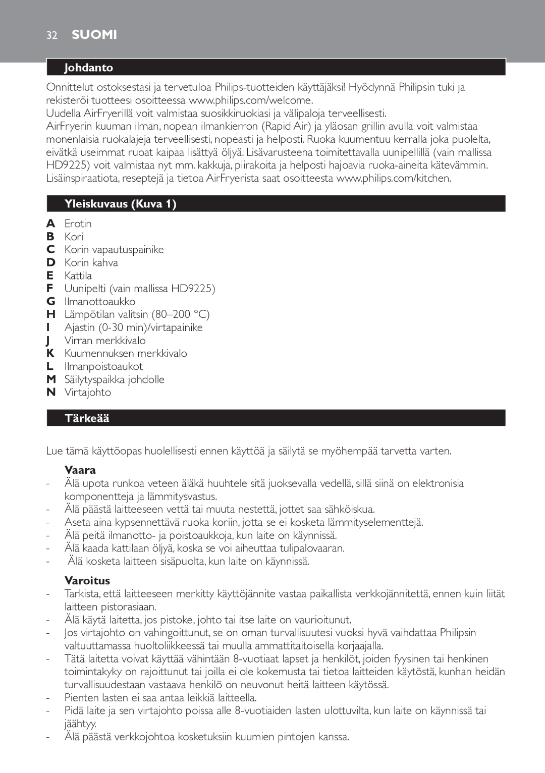 Philips HD9225, HD9220 manual Suomi, Johdanto, Yleiskuvaus Kuva 1, Tärkeää 